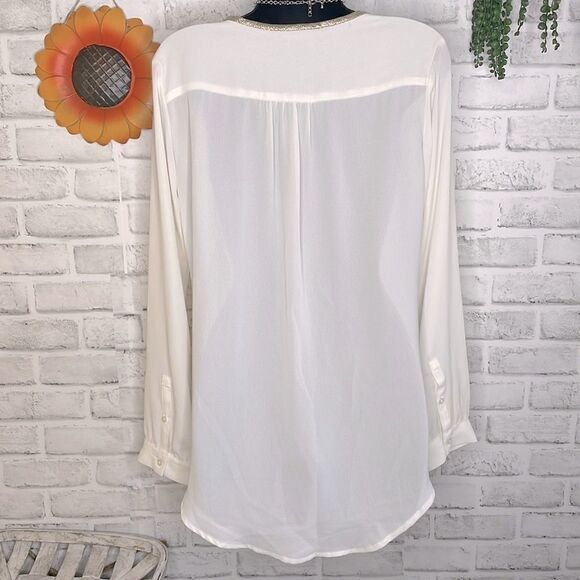 Express Sheer Gold Top Blouse Shirt Button Down Oversized Tunic Small Boho - Picture 7 of 9